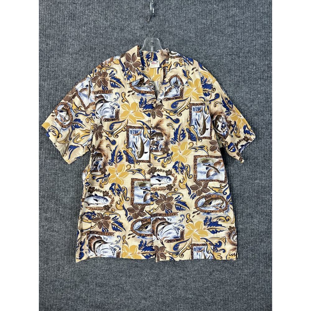 Vintage Go Barefoot Button Up Shirt Mens XL Hawaiian Tropical Fish Floral Cotton